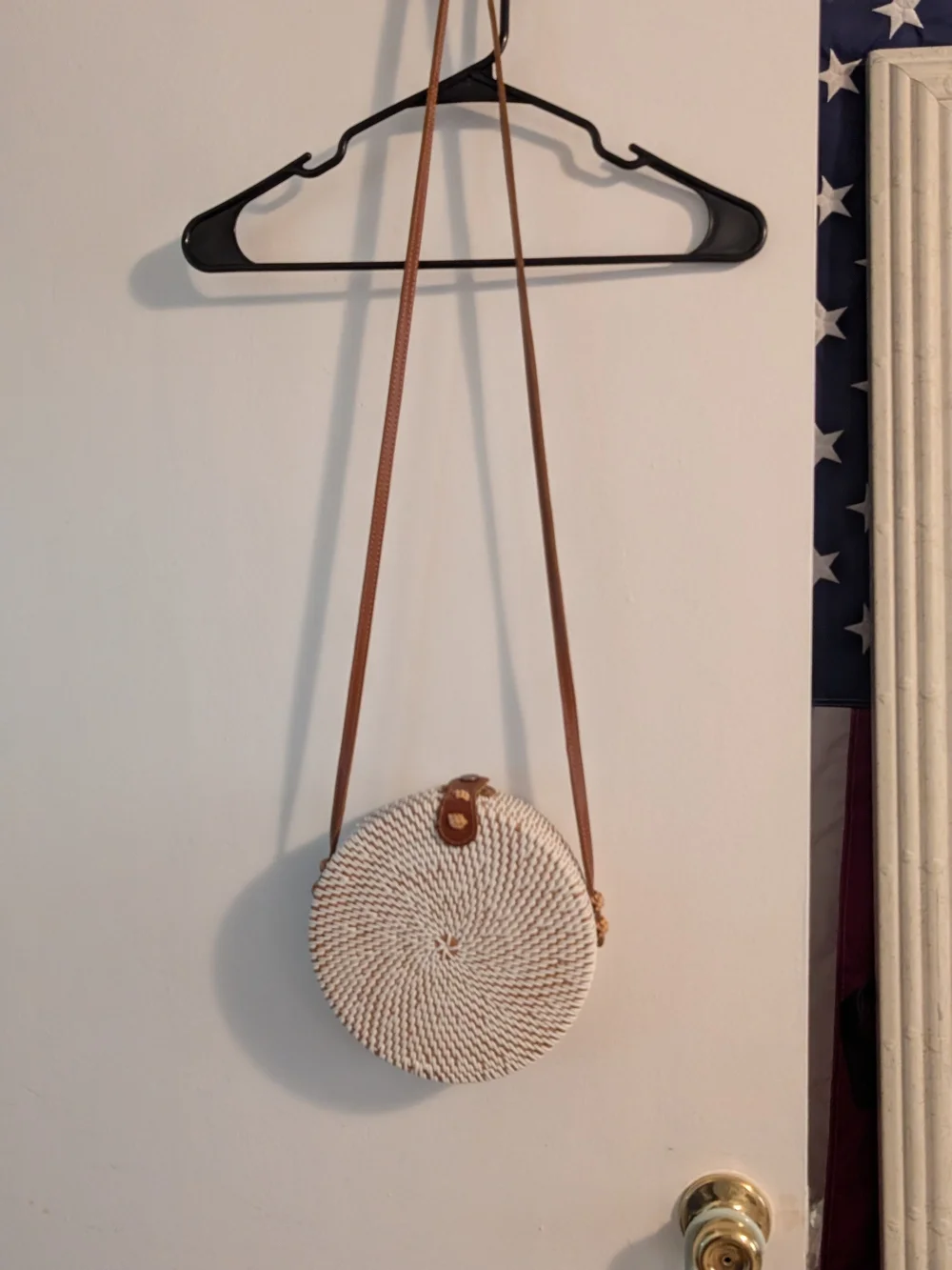 Woven Round Crossbody Bag in White with Tan Strap
